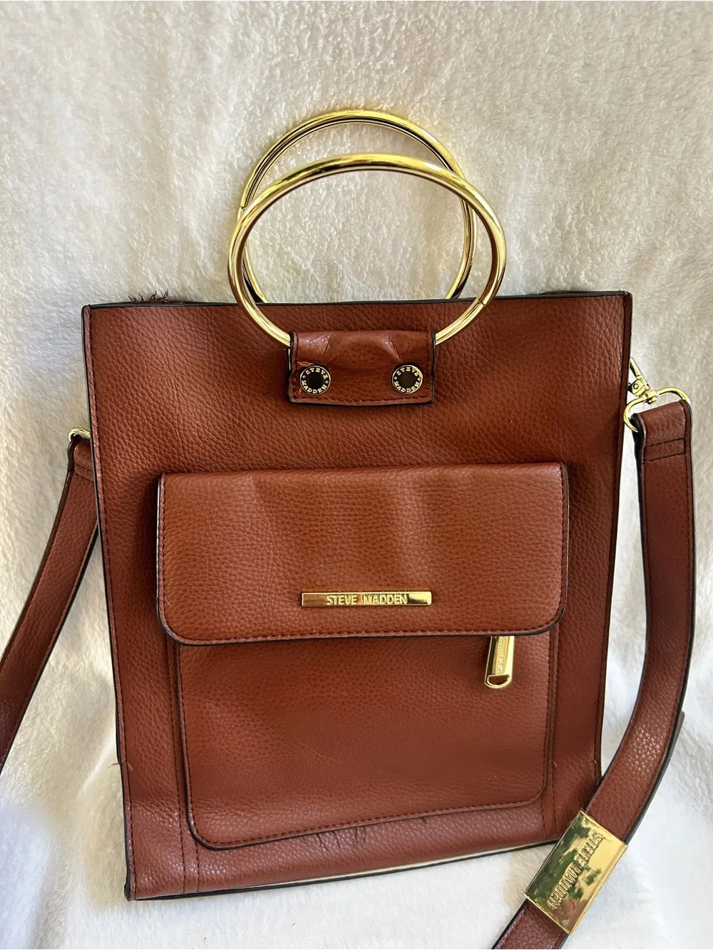 Steve Madden Cognac Brown Leather Shoulder Bag with Gold Rings
